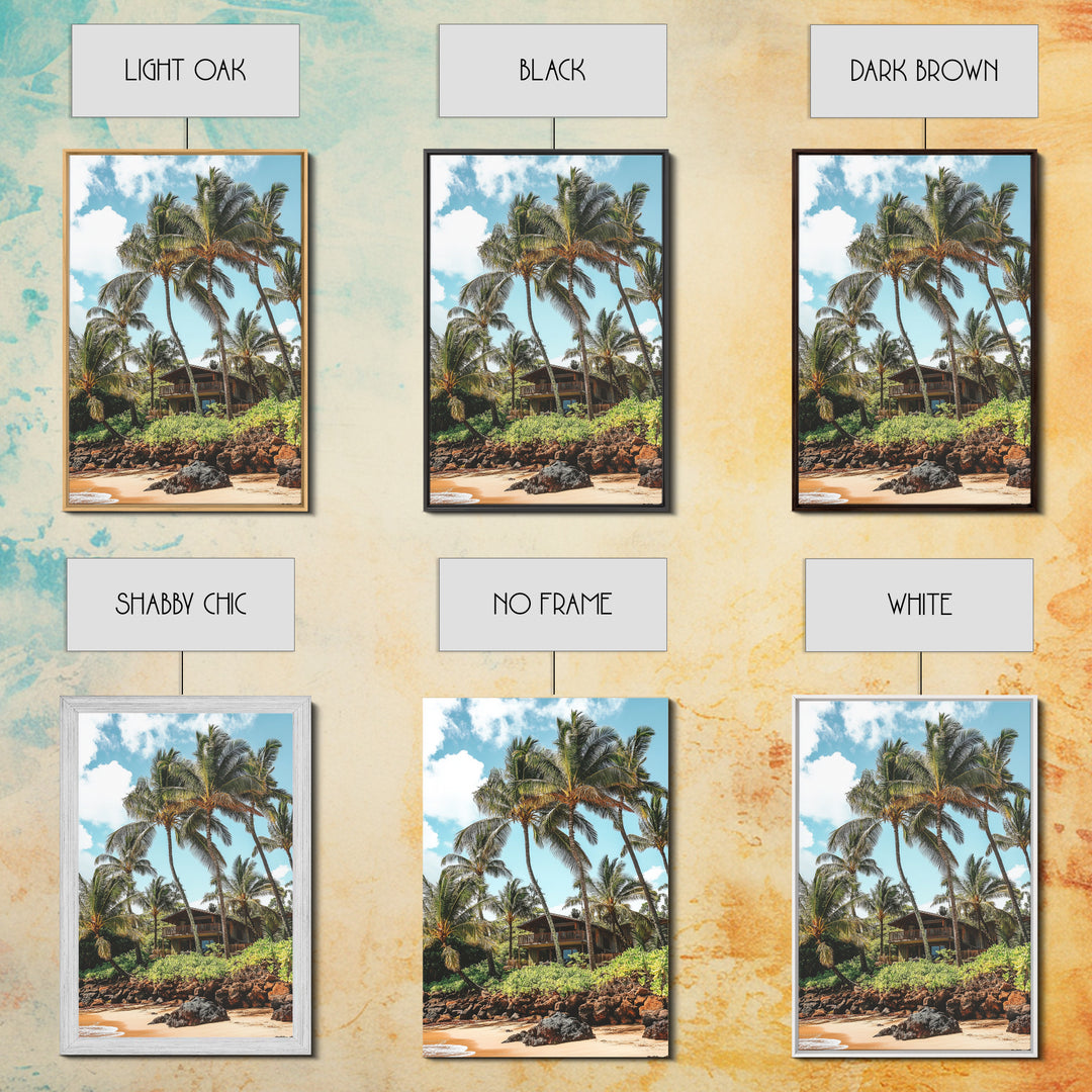 Tropical Beach House Canvas Print – Hawaii Art Coastal Landscape, Rustic Nautical Decor, Seaside Living Room Framed Wall Art