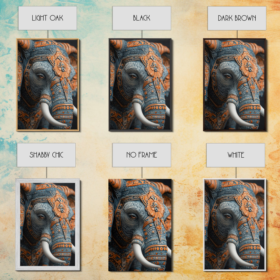 Detailed Elephant Face Framed Canvas Print – Kerala Mural Art, Sacred Geometry Decor, Ganesh Wall Art Rustic Boho Inspired Room Decor