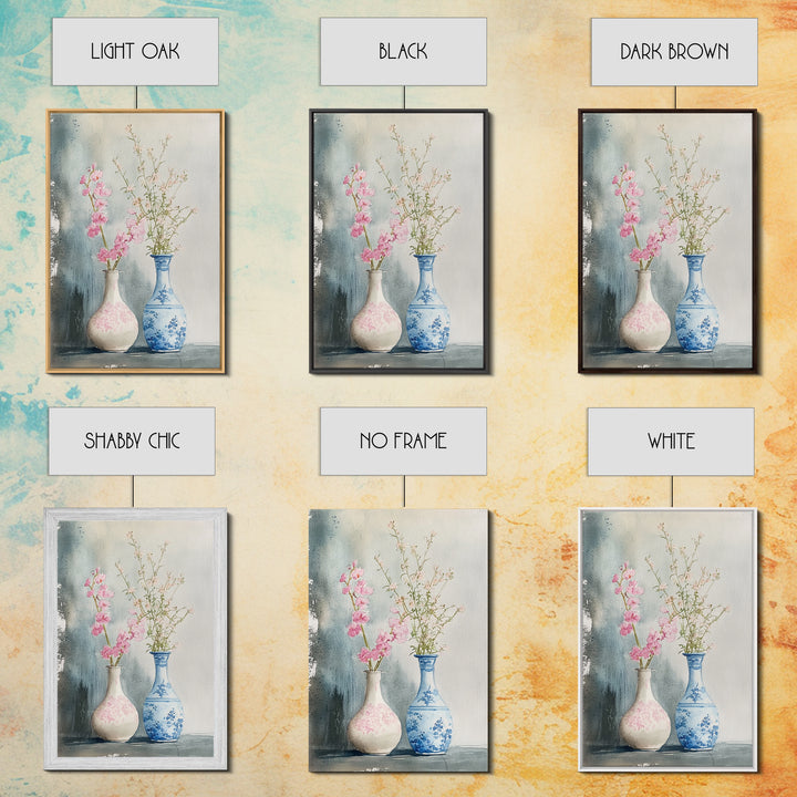 Delicate Vases Framed Canvas Print Wildflower Painting Botanical Prints Minimalist Art Light Pink Wall Art Rustic Decor Gift Idea