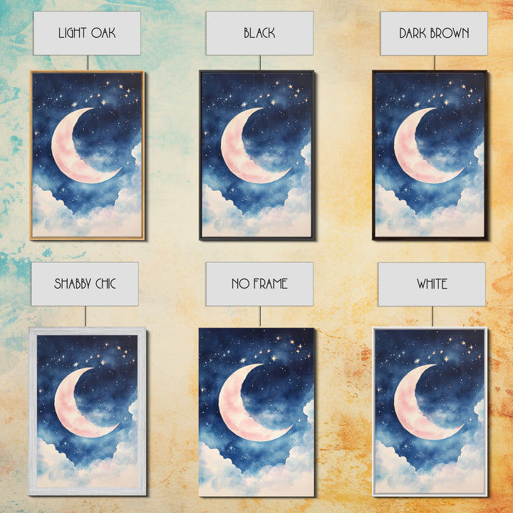 Crescent Moon Painting Canvas Print Bedroom Art Moody Night Sky Painting Above Bed Wall Art Whimsical Art Gift Idea Light Decor