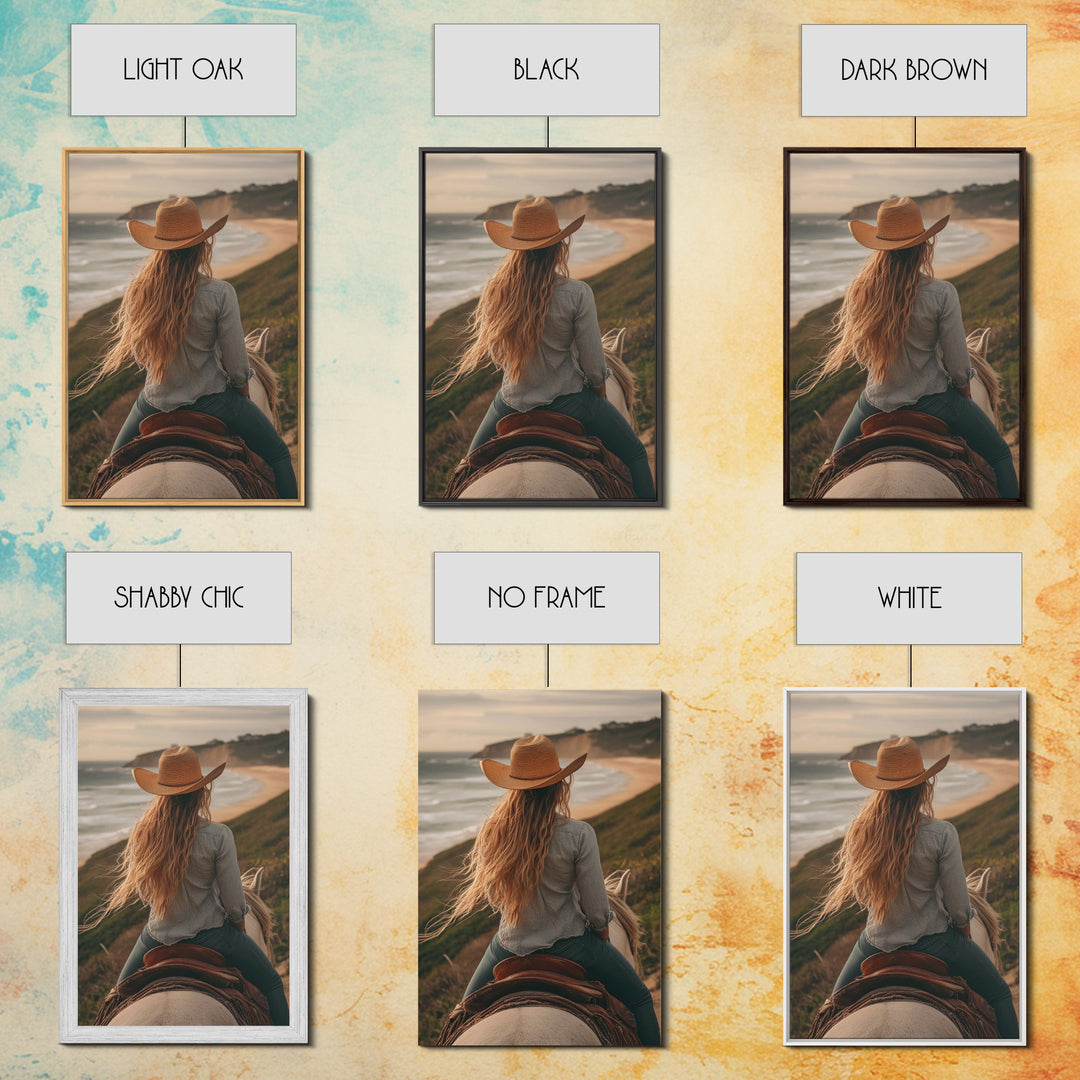 Coastal Cowgirl Riding Canvas Print Horse and Ocean Landscape Art Rustic Decor Western Inspired Framed Art Bedroom Living Room Gift