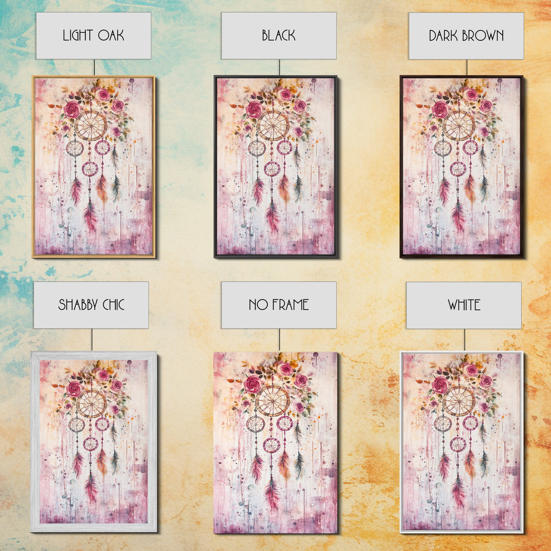 Dreamcatcher with Roses Framed Canvas Print Boho Bedroom Art Botanical Prints Pink Wall Art Light Pink Home Decor Wildflower Painting