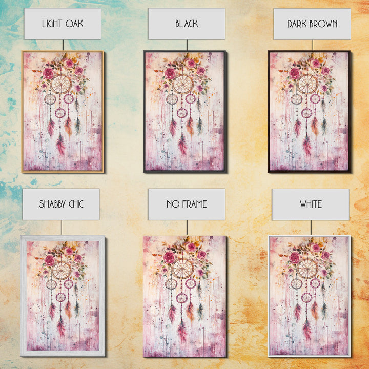 Dreamcatcher with Roses Framed Canvas Print Boho Bedroom Art Botanical Prints Pink Wall Art Light Pink Home Decor Wildflower Painting