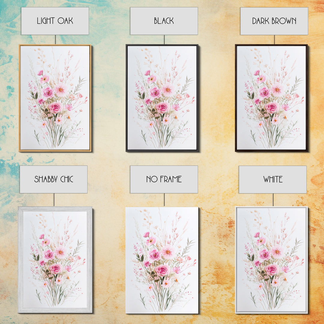 Elegant Pink Bouquet Framed Canvas Print Featuring Wildflower Painting Light Pink Wall Art Cottagecore Aesthetic Farmhouse Artwork
