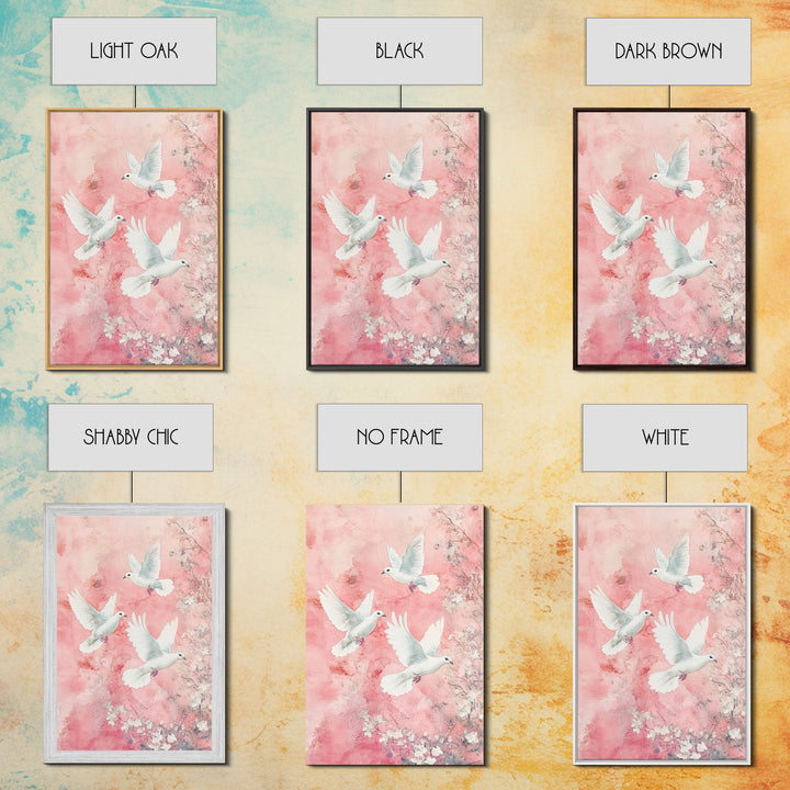 Cherry Blossom Art with Peaceful Doves Framed Canvas Print, Angelic Bird Art Pink Decor, Whimsical Bedroom or Living Room Gift
