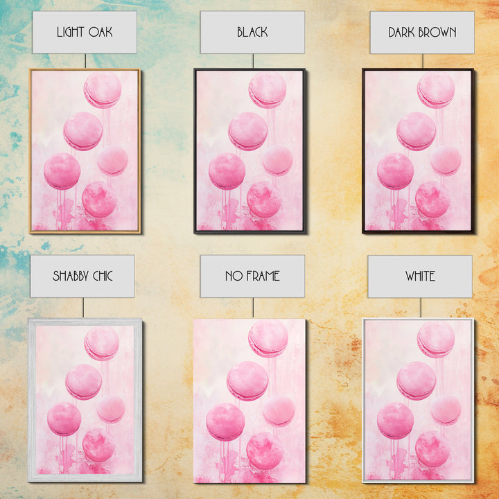 Cute pink macarons whimsical kitchen framed canvas print food review dessert art playful pastel decor cozy gift idea fun wall art