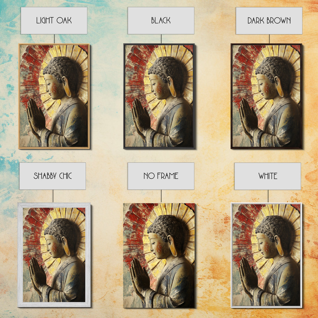 Buddha Prayer Sculpture Framed Canvas Print Zen Wall Art Rustic Decor Sacred Geometry Wall Art Therapy Art Living Room Art Buddha Art