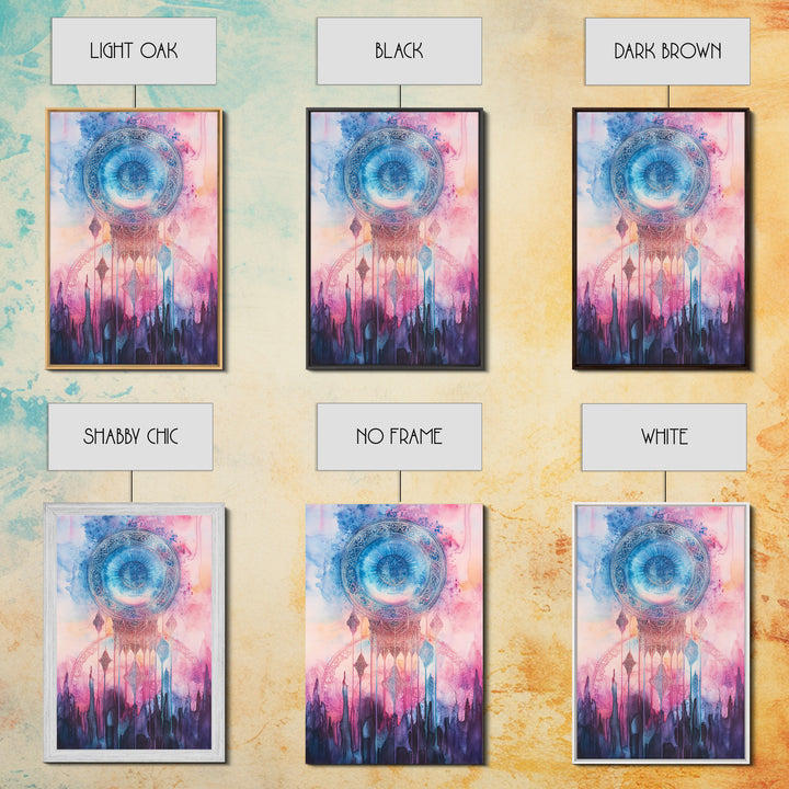 Mystic Sacred Geometry Framed Canvas Print with Bahai Art Elements and Vibrant Pink Blue Abstract, Boho Home Wall Decor