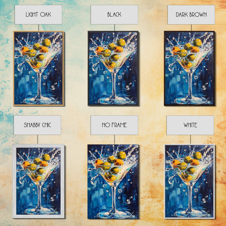 Splashing Olive Martini Canvas Print with Vibrant Cocktail Art, Perfect Bar Decor and Kitchen Wall Art Statement Piece