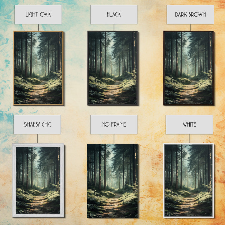 Forest Path Landscape Framed Canvas Print with Pine Tree Art, Rustic Decor and Serene Nature Above Sofa Artwork