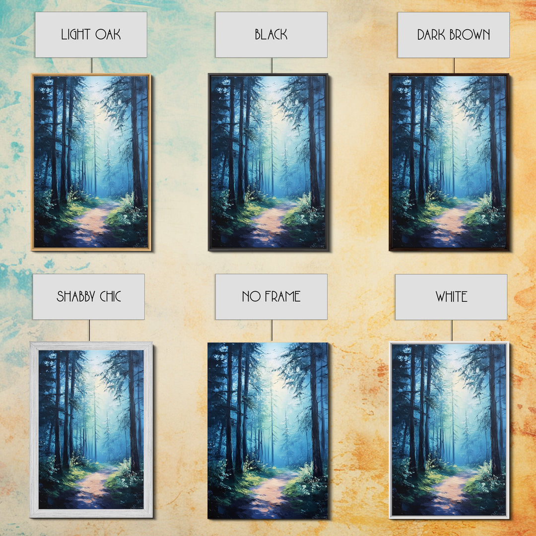 Enchanting Forest Canvas Print, Moody Blue Landscape Painting with Pine Tree Art, Above Sofa Rustic Wall Artwork