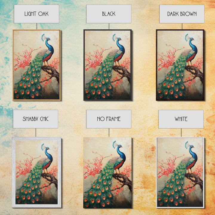 Peacock Canvas Print with Cherry Blossom Painting, Vibrant Oriental Art, Rustic Chinoiserie Wall Decor, Bold Statement Piece for Living Room