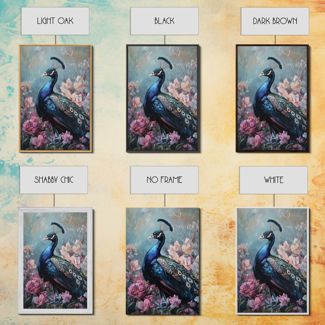 Graceful Peacock Floral Framed Canvas Print | Botanical Bird Art | Chinoiserie Wall Decor | Elegant Tropical Painting | Home Accent