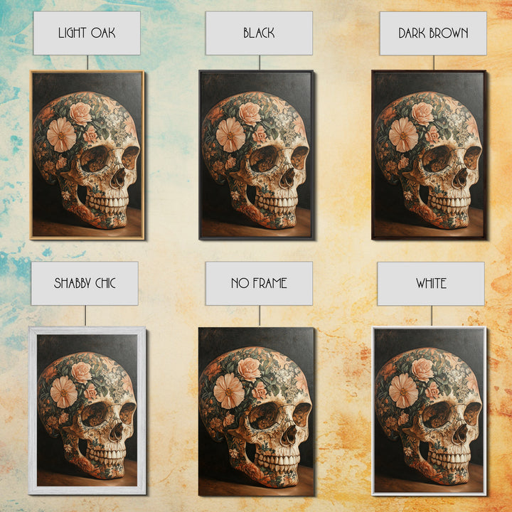 Skull Art Framed Canvas Print Featuring Floral Boho Design in Rustic Chinoiserie Style, Gothic Bedroom Art and Halloween Wall Decor