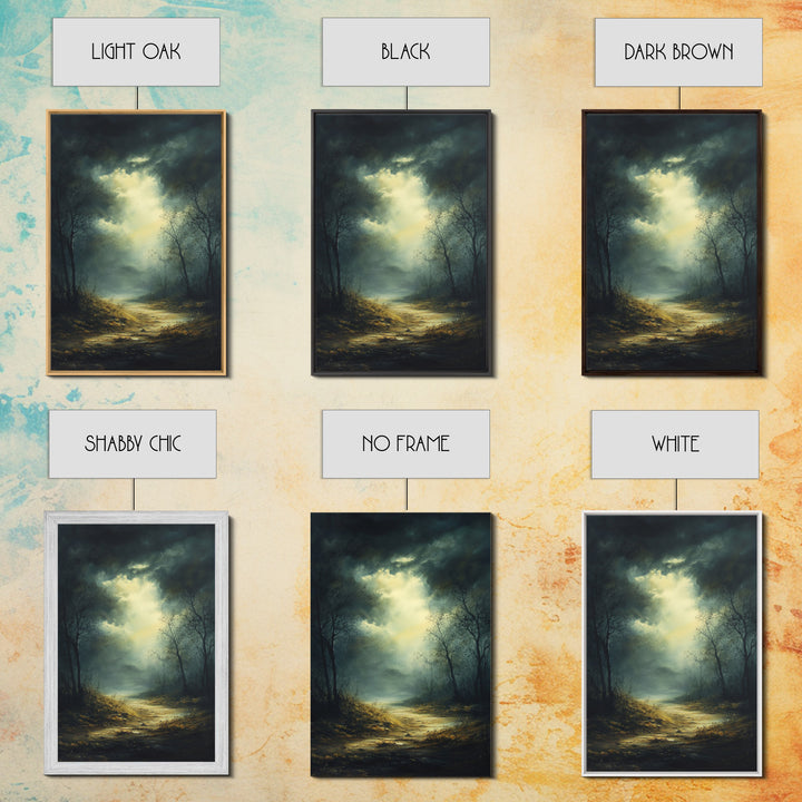 Forest at Dusk Framed Canvas Print with Moody Dark Romance Painting, Fall-Inspired Smoky Mountain Art Perfect Above Bed Wall Decor