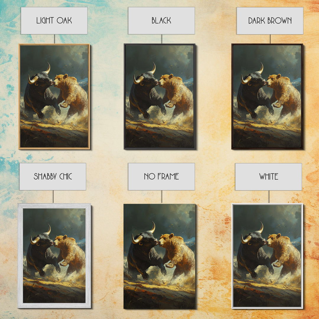 Bull and Bear Clash Framed Canvas Print Rustic Wall Art Gift Idea Financial Decor Wild Animals Artwork Moody Wall Art Rustic Living Room Decor