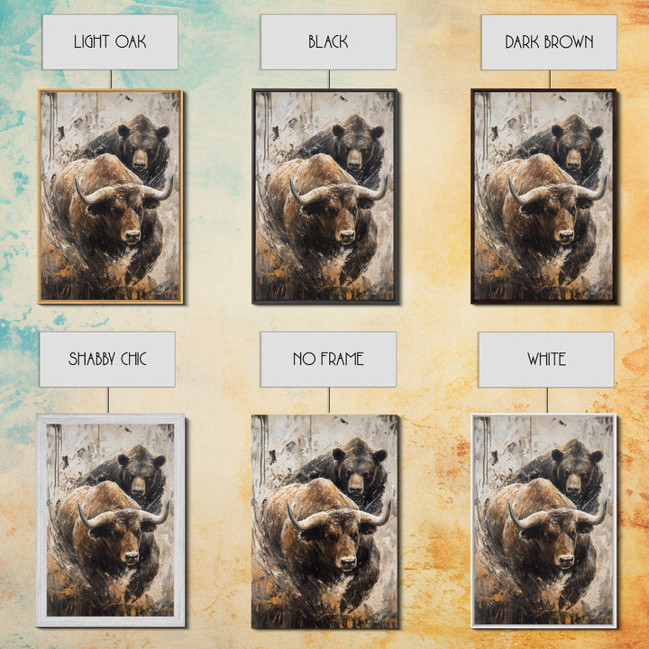 Bull and Bear Dynamic Framed Canvas Print Rustic Wall Art Financial Market Theme Gift Idea Living Room Decor Unique Animal Artwork Rustic Art