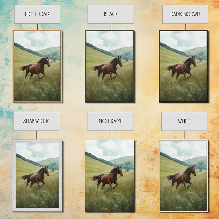 Galloping Brown Stallion Framed Canvas Print Horse Wall Art Rustic Decor Living Room Above Couch Wabi Sabi Style