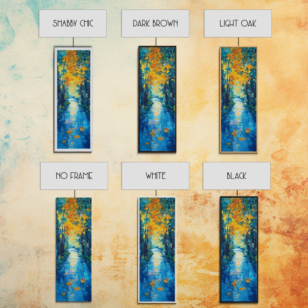 Autumn Reflection, fall painting, birch tree art, mountain painting, rustic wall art, panoramic art, Framed Canvas Print