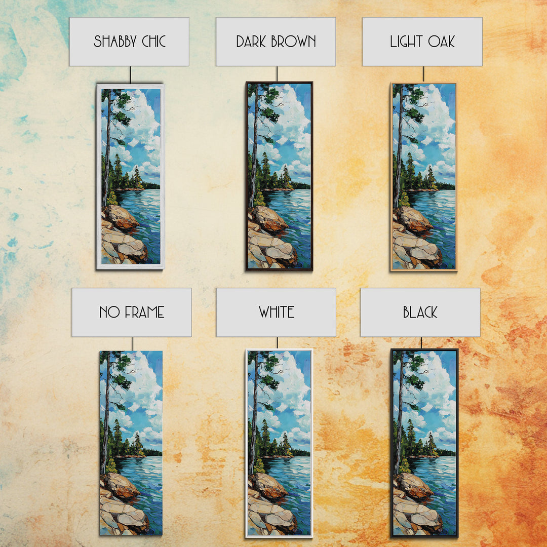 Rocky Shore, Pine Tree Art, Coastal Landscape, Nautical Painting, Blue and Green Wall Art, Framed Canvas Print,