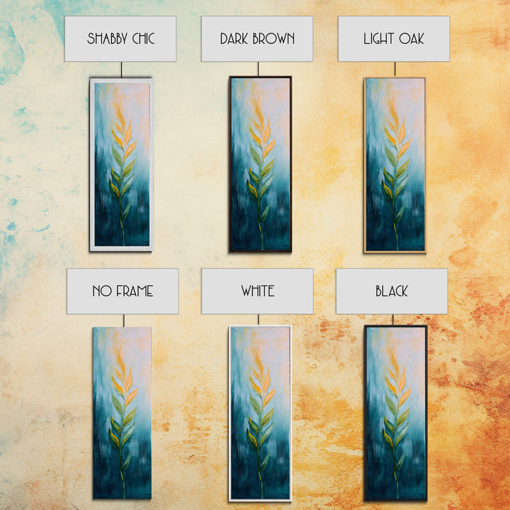 Botanical, teal and gold, minimalist art, wabi sabi art, vertical wall art, framed canvas print, modern decor, bedroom art