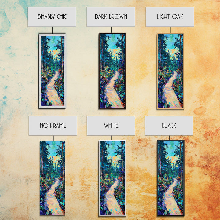 Abstract Forest Path, moody art, landscape painting, wildflower painting, pine tree art, framed canvas print, vertical wall art