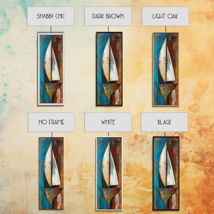 Abstract sailboat, nautical painting, long narrow wall art, framed canvas print, rustic art, extra wide art, blue and green wall art