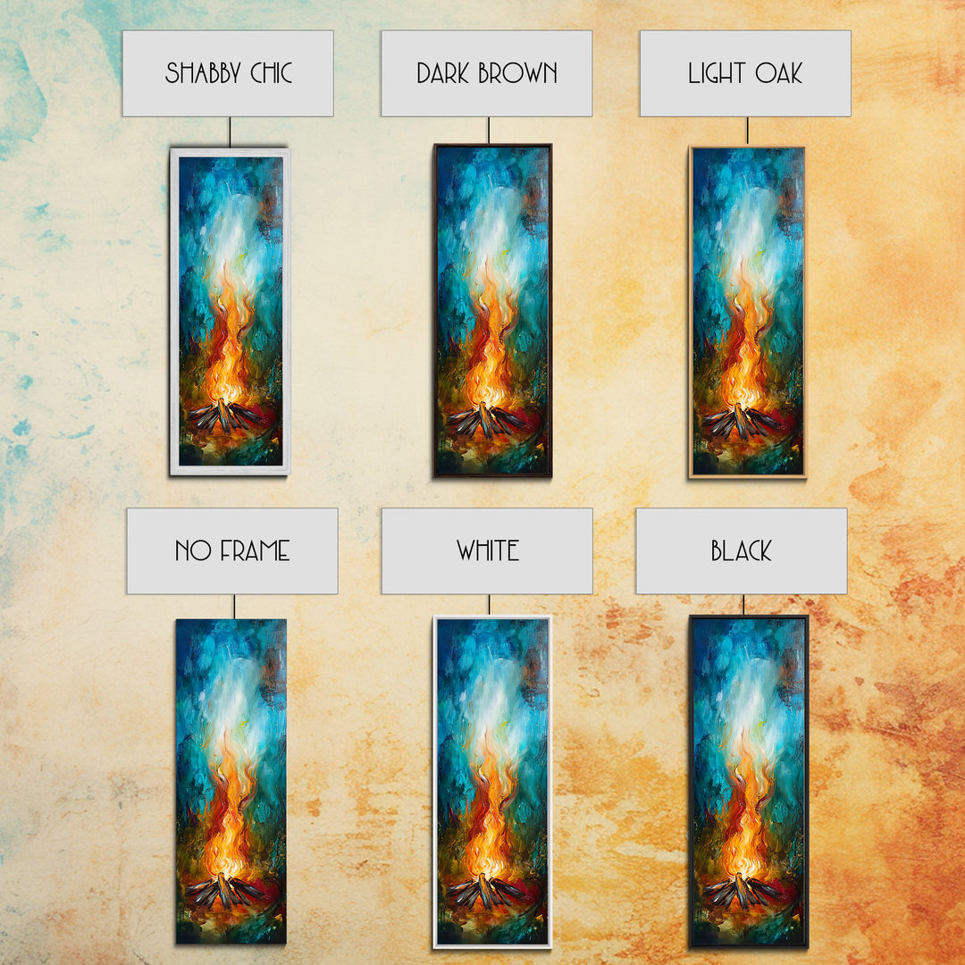 Cozy Campfire, rustic decor, autumn painting, moody art, forest at dusk painting, wabi sabi art, framed canvas print, vertical wall art