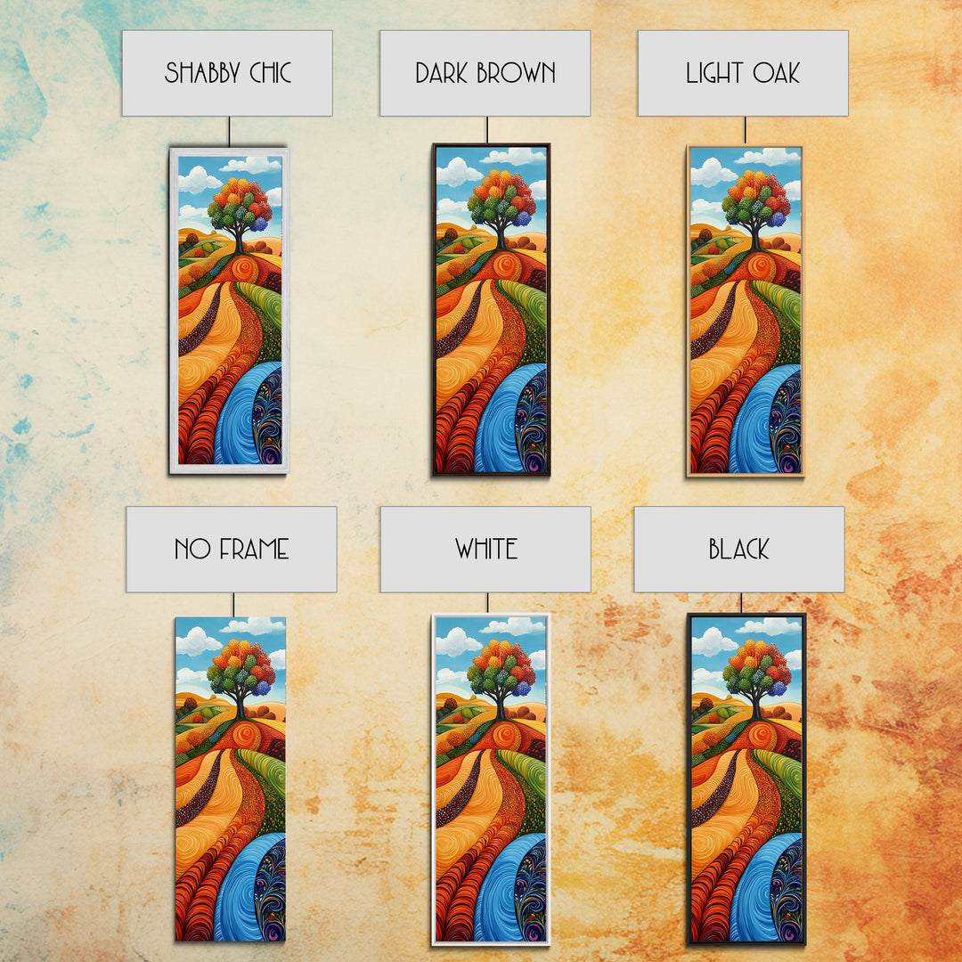 Colorful Fields, folk art, Russian folk art, pink orange wall art, bright and bold, framed canvas print, extra wide art