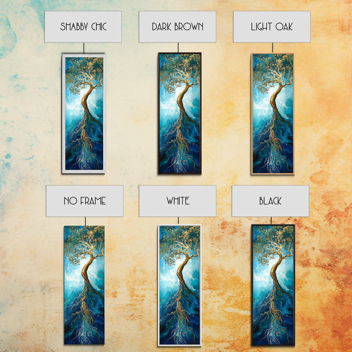 Rooted Tree, oak tree art, blue and green wall art, sacred geometry wall art, mystical art, framed canvas print, vertical wall art