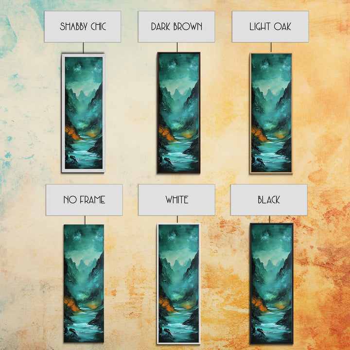 Dark Moody Landscape, Mountain Painting, Forest at Dusk Painting, Framed Canvas Print, Rustic Wall Art, Vertical Wall Art