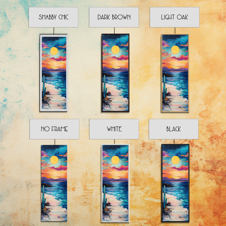 Desert Sunset, cactus painting, southwest wall art, coastal landscape art, framed canvas print, panoramic art