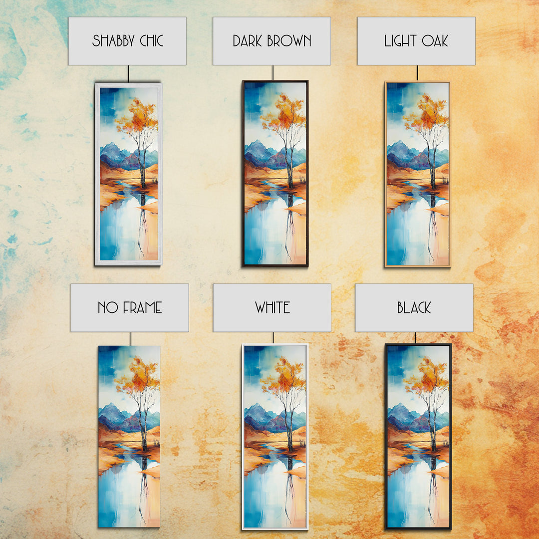 Autumn Reflections, landscape painting, birch tree art, above bed wall art, rustic wall art, framed canvas print, tall narrow art