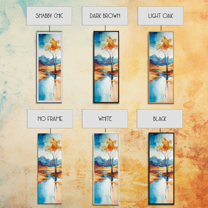 Autumn Reflections, landscape painting, birch tree art, above bed wall art, rustic wall art, framed canvas print, tall narrow art