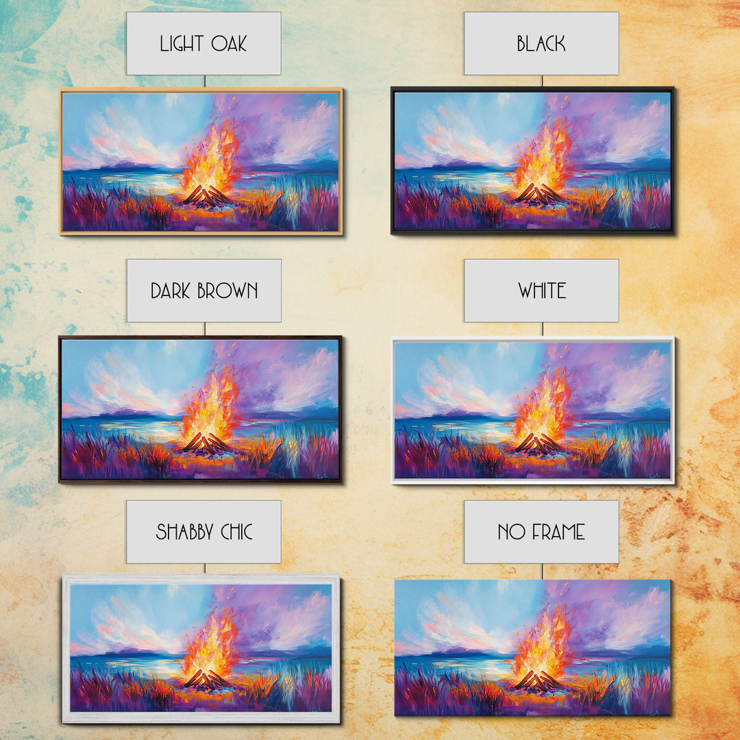 Bonfire at Sunset, Coastal Wall Art, Pink Orange Wall Art, Extra Wide Art, Horizontal Wall Art, Framed Canvas Print, Moody Art