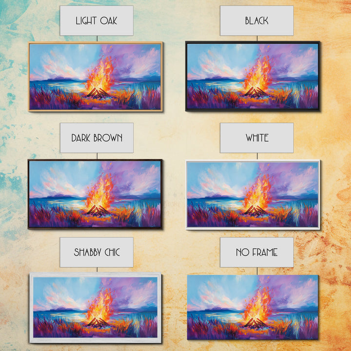 Bonfire at Sunset, Coastal Wall Art, Pink Orange Wall Art, Extra Wide Art, Horizontal Wall Art, Framed Canvas Print, Moody Art