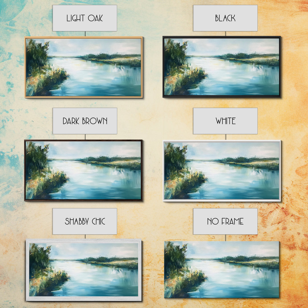 River Reflection, landscape painting, rustic wall art, sage green wall art, farmhouse art, coastal art, extra wide art, Canvas Print