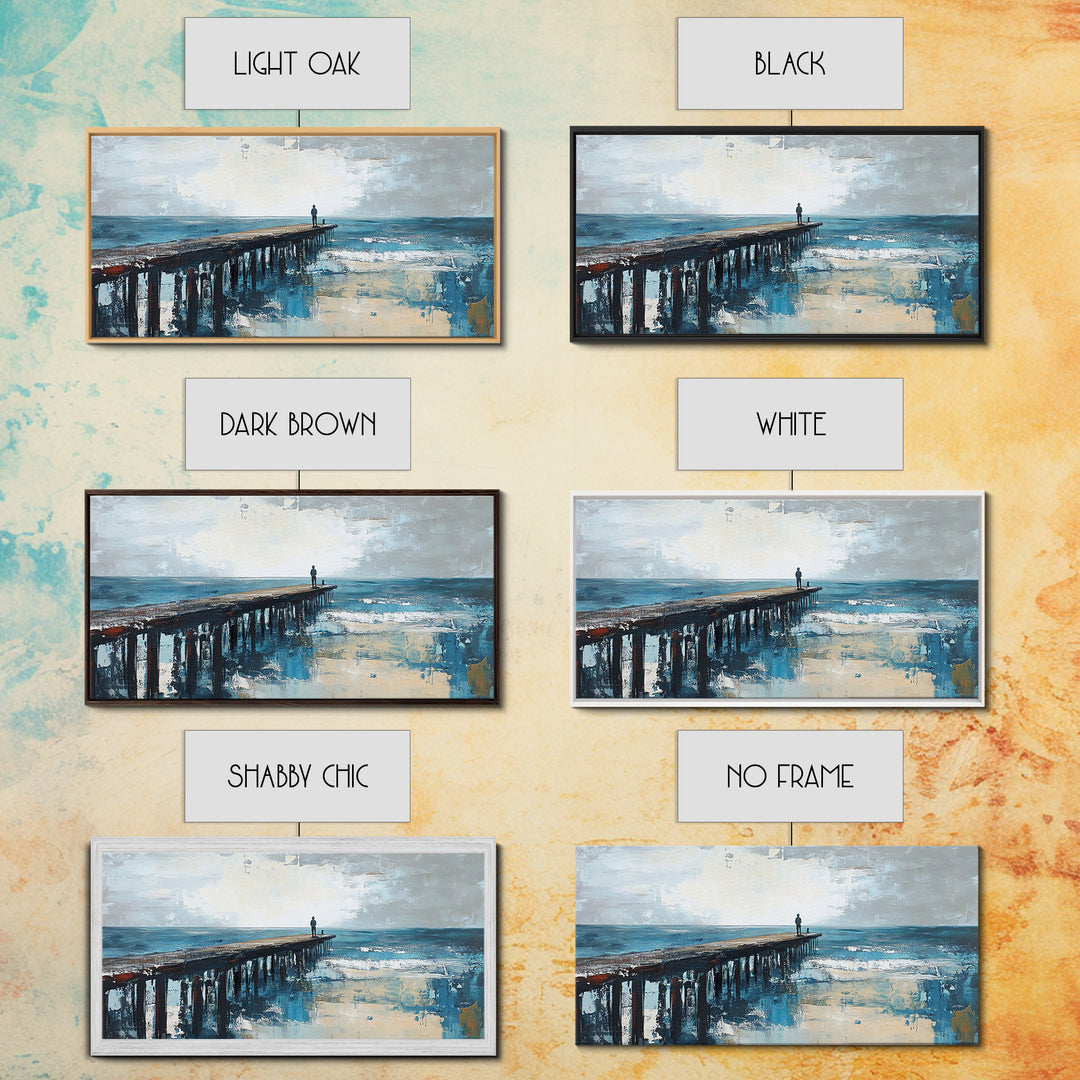 Pier at Dusk, moody art, coastal wall art, ocean painting, nautical painting, wabi sabi art, panoramic art, Canvas Print, seascape