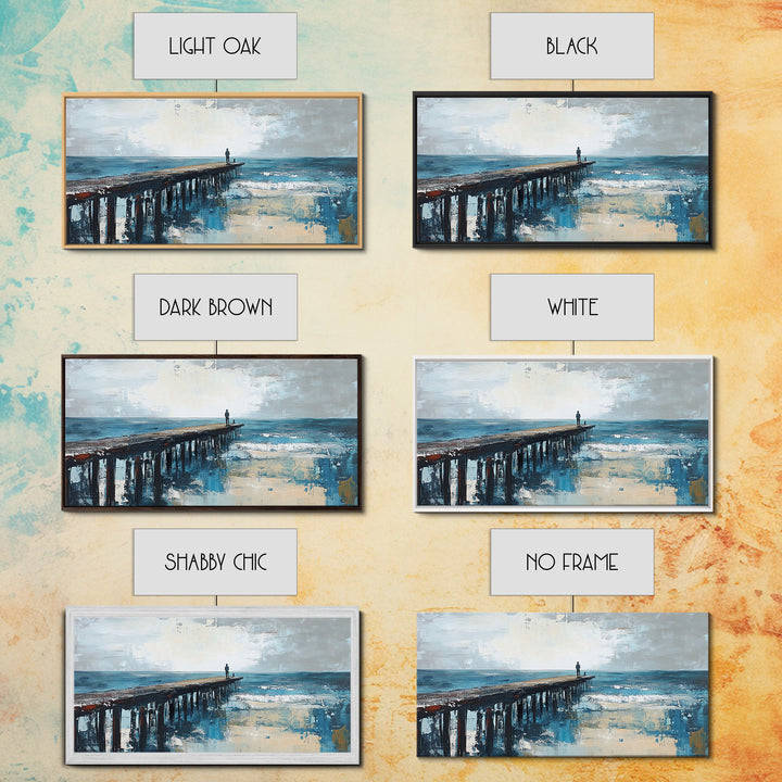 Pier at Dusk, moody art, coastal wall art, ocean painting, nautical painting, wabi sabi art, panoramic art, Canvas Print, seascape