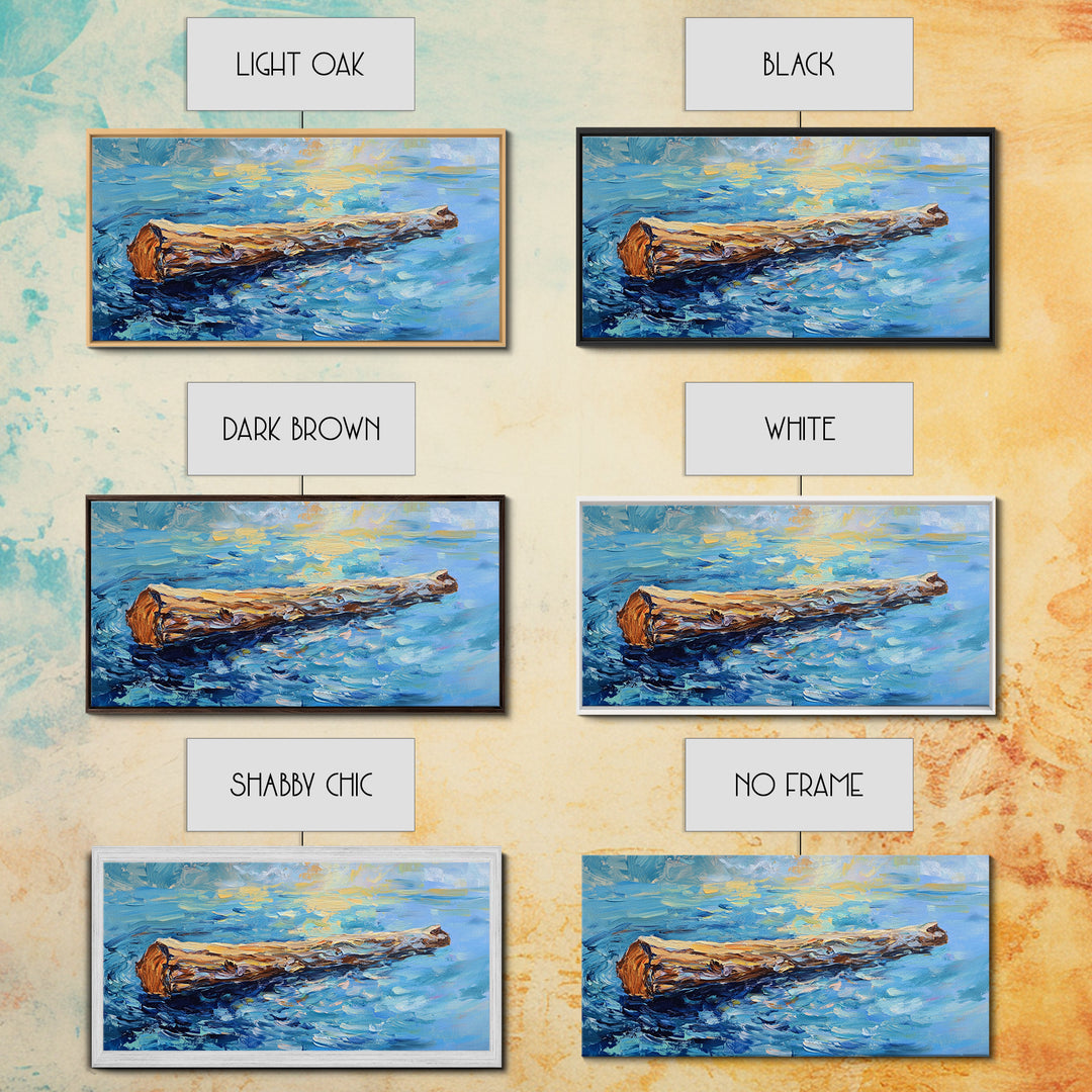 Drifting Log, rustic art, coastal painting, seascape painting, panoramic art, landscape painting, Framed Canvas Print,