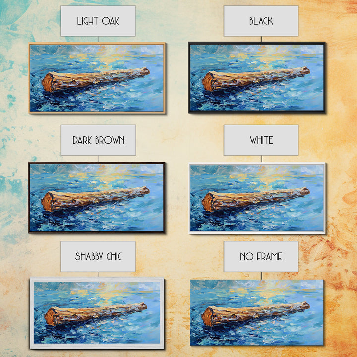 Drifting Log, rustic art, coastal painting, seascape painting, panoramic art, landscape painting, Framed Canvas Print,