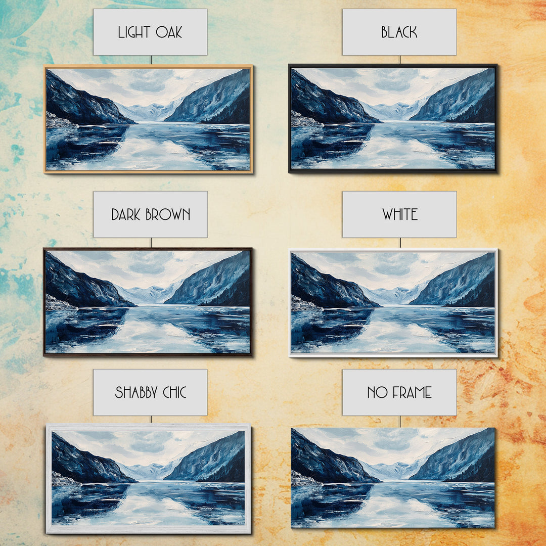 Blue and White Fjord, Lake Tahoe Art, Coastal Landscape Art, Extra Wide Art, Framed Canvas Print, Minimalist Art, Nautical Decor