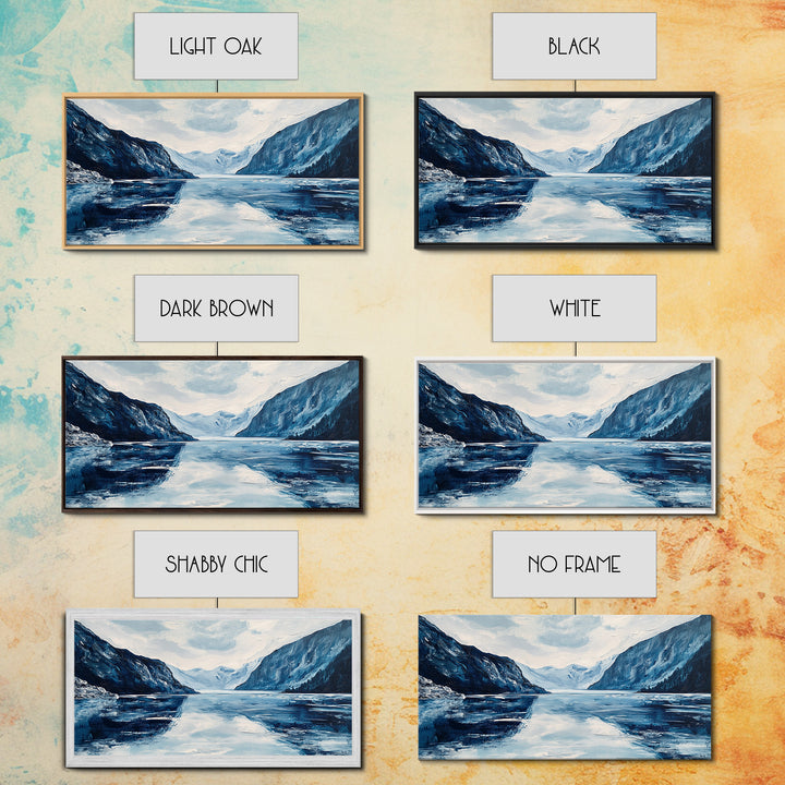 Blue and White Fjord, Lake Tahoe Art, Coastal Landscape Art, Extra Wide Art, Framed Canvas Print, Minimalist Art, Nautical Decor