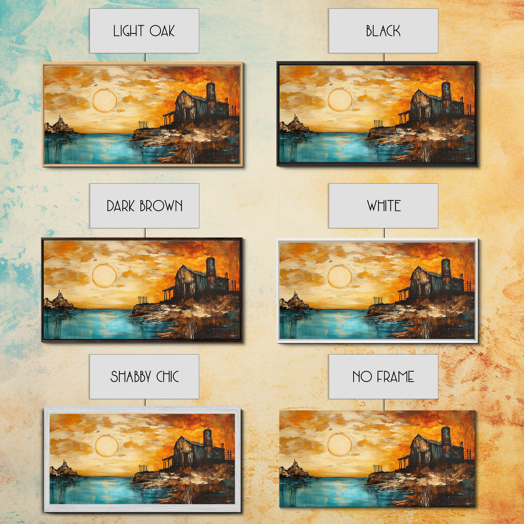 Rustic Barn, sunset painting, farmhouse art, rustic wall art, panoramic painting, framed canvas print, southwest wall art