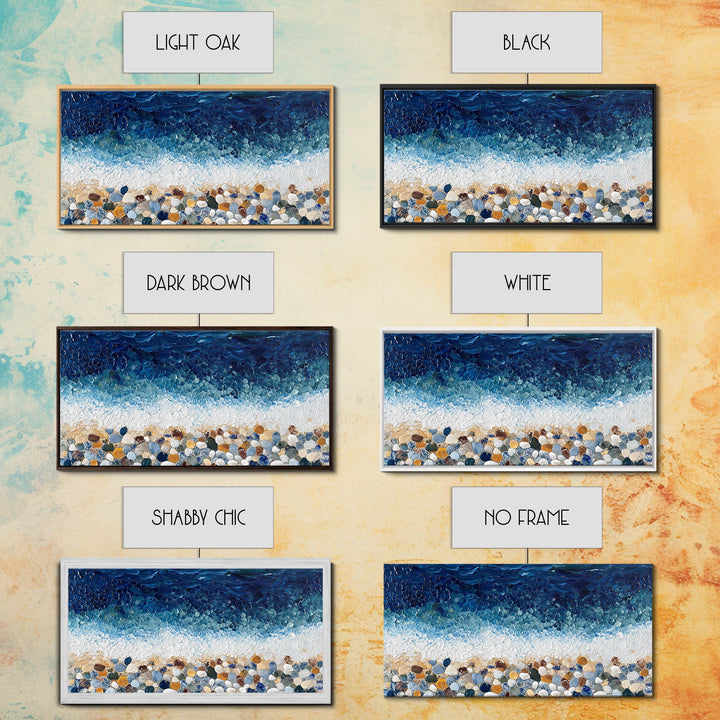 Pebble Beach, mosaic wall art, coastal decor, ocean painting, nautical decor, panoramic painting, framed canvas print