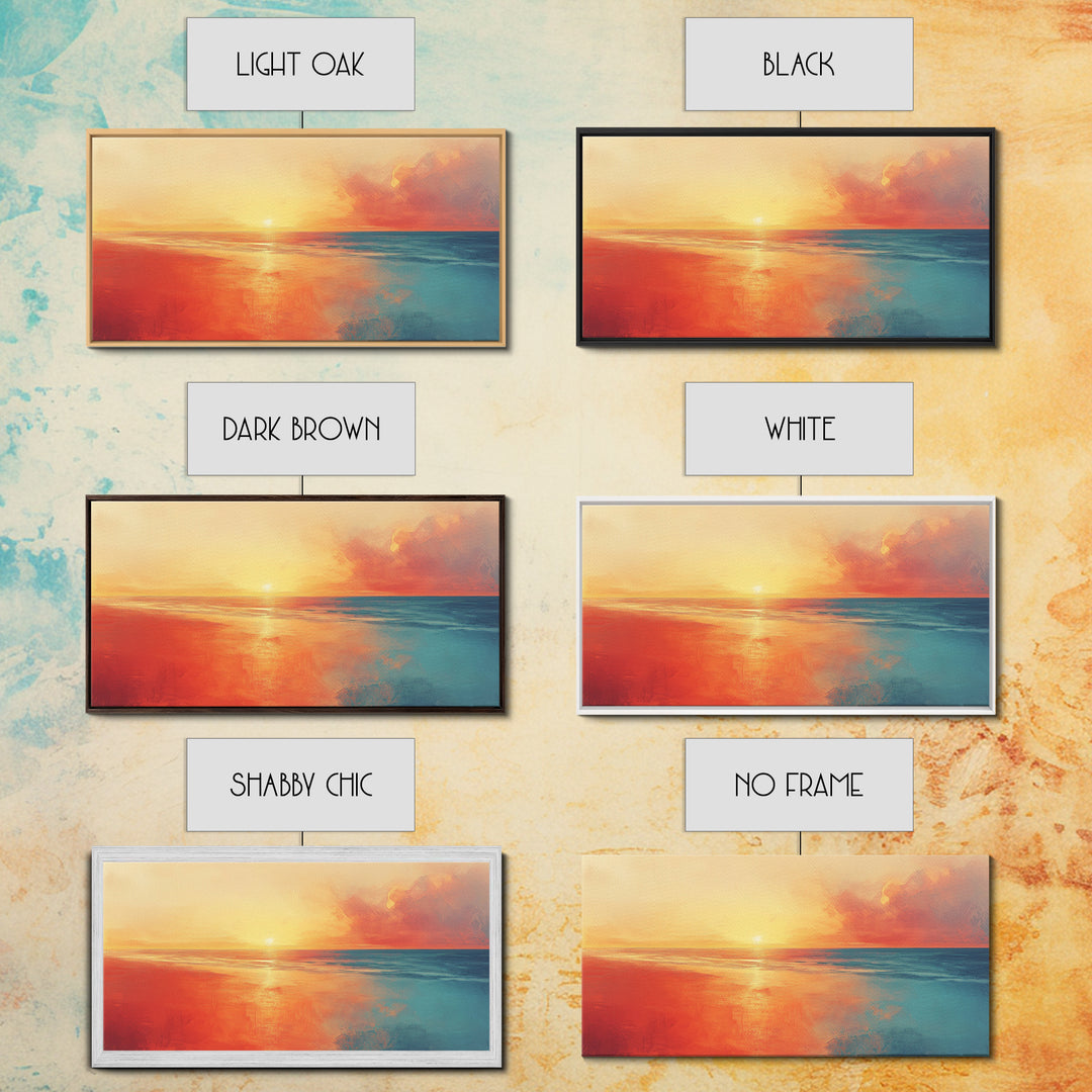Sunset Ocean, pink orange wall art, coastal landscape art, moody art, extra wide art, panoramic painting, framed canvas print
