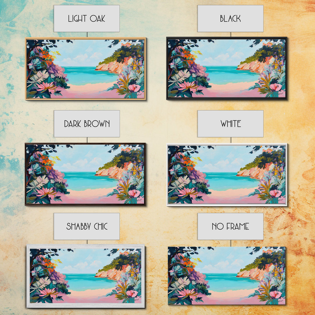 Tropical Beach, coastal wall art, Hawaii art, pink orange wall art, extra wide art, panoramic painting, framed canvas print