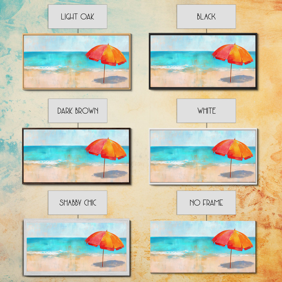 Beach Umbrella, Coastal Decor, Nautical Wall Art, Seascape Painting, Ocean Painting, Extra Wide Art, Framed Canvas Print, Beach House Art