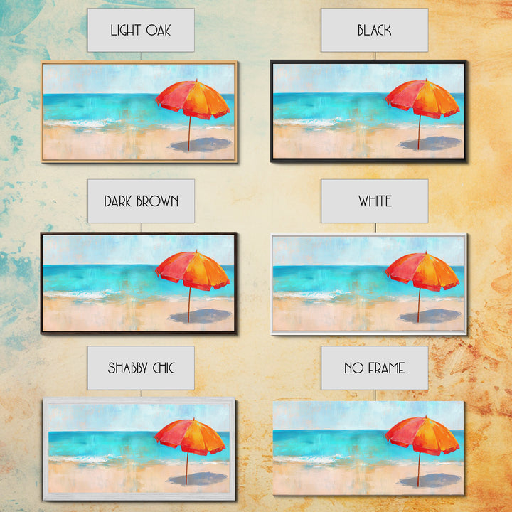 Beach Umbrella, Coastal Decor, Nautical Wall Art, Seascape Painting, Ocean Painting, Extra Wide Art, Framed Canvas Print, Beach House Art