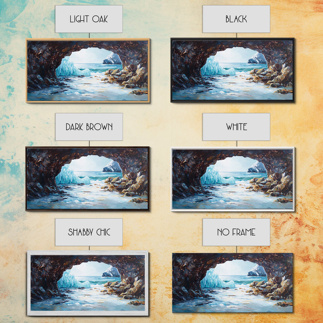 Coastal Ice Cave, Canvas Print, seascape painting, nautical decor, blue and green wall art, landscape painting, extra wide art